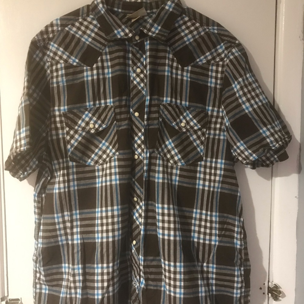 Brown and blue plaid snap shirt